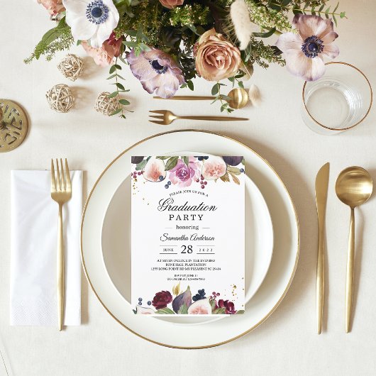 Moderne Burgunder Wasserfarben Blume & Berry Einladung