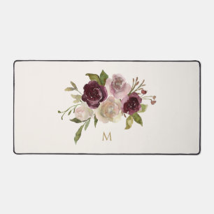 Moderne Burgunderrosa Florale Wasserfarbe Monogram Schreibtischunterlage