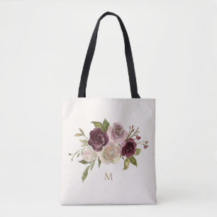 Moderne burgunderrosa florale Wasserfarbe-Monogram Tasche