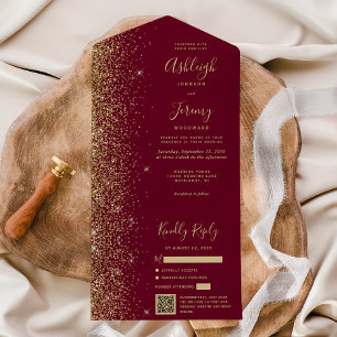 Moderne Burgunderrot Gold Glitter QR-Code Hochzeit All In One Einladung