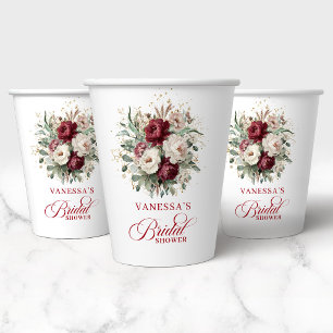 Moderne burgunderrote Floral Goldene Brautparty Pa Pappbecher