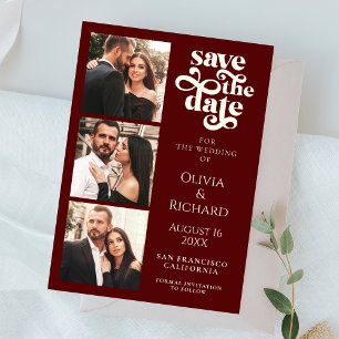 Moderne burgunderrote Foto-Collage-Hochzeit Save The Date
