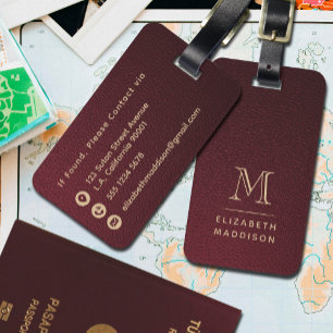 Moderne burgunderrote Kunstleder- und Goldmonogram Gepäckanhänger