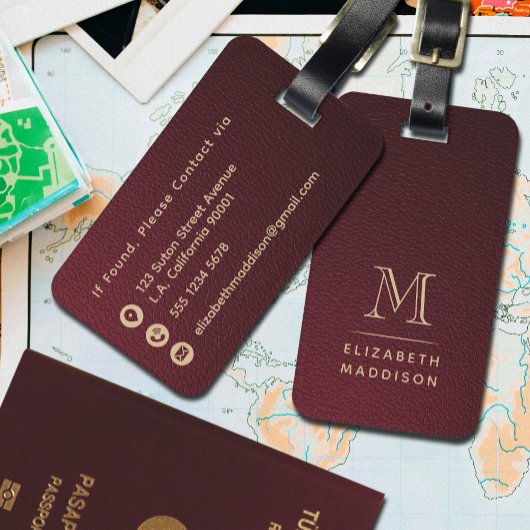 Moderne burgunderrote Kunstleder- und Goldmonogram Gepäckanhänger