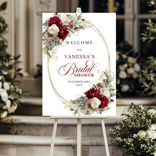 Moderne Burgunderweiße Florale Boho Braut Dusche Poster