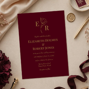 Moderne burgundische florale Monogramm-Hochzeitsei Einladung