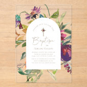 Moderne Burgundy Bloral Gold Script Elegante Taufe Acryleinladungen (Vorderseite)