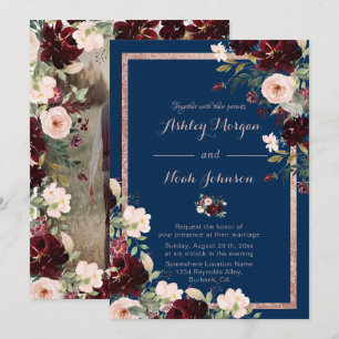 Moderne Burgundy Blue Wedding Einladung Navy Blue
