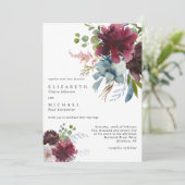 Moderne Burgundy Dusty Blue Peach Floral Wedding Einladung (Stehend Vorderseite)
