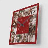 Moderne Burgundy-Familie 12 Fotocollage Keepake Quadratische Wanduhr (Winkel)