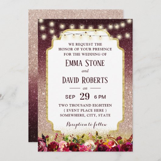 Moderne Burgundy Floral Rose Gold Ombre Wedding Einladung (Vorne/Hinten)