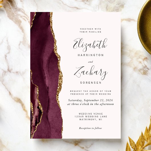 Moderne Burgundy Gold Agate Blush Hochzeit Einladung