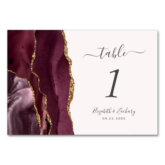 Moderne Burgundy Gold Agate Blush Hochzeit Tischnummer (Rückseite)