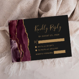 Moderne Burgundy Gold Agate Dark Wedding RSVP Card