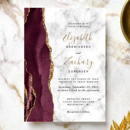 Moderne Burgundy Gold Agate Marble Wedding Einladung