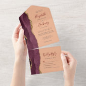 Moderne Burgundy Gold Agate Peach Hochzeit All In One Einladung (Abreißen)