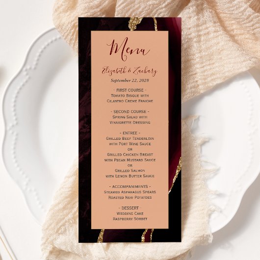 Moderne Burgundy Gold Agate Peach Hochzeit Menükarte