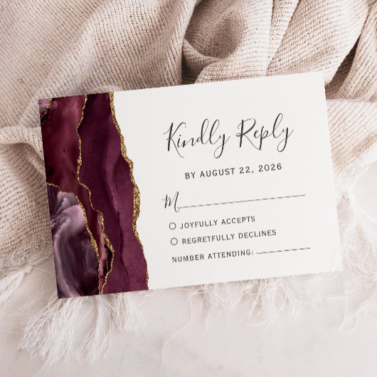 Moderne Burgundy Gold Agate Wedding RSVP Card