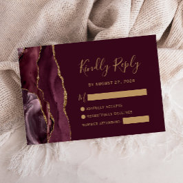 Moderne Burgundy Gold Agate Wedding RSVP Card