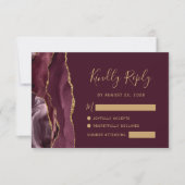 Moderne Burgundy Gold Agate Wedding RSVP Card Karte (Vorderseite)