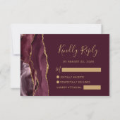 Moderne Burgundy Gold Agate Wedding RSVP Card Karte (Vorderseite)