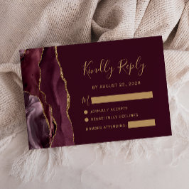 Moderne Burgundy Gold Agate Wedding RSVP Card Karte