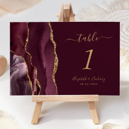 Moderne Burgundy Gold Agate Wedding Tischnummer