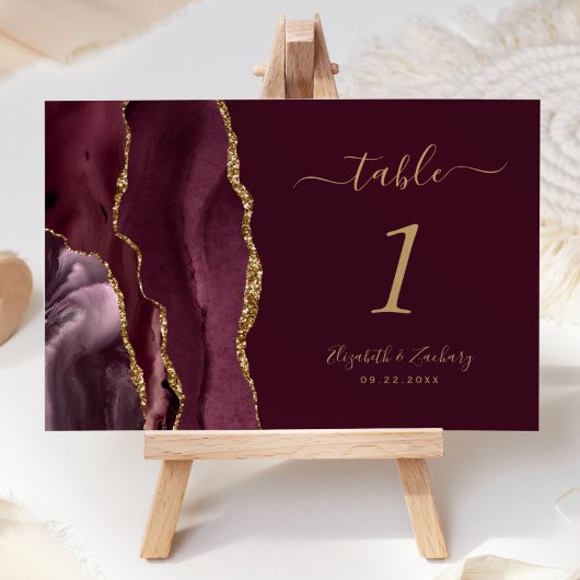 Moderne Burgundy Gold Agate Wedding Tischnummer