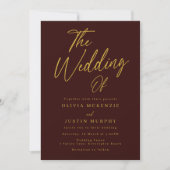 Moderne Burgundy & Gold Script Hochzeit Einladung (Vorderseite)