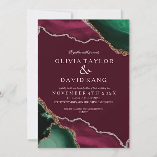 Moderne Burgundy & Green Agate Hochzeit Einladung (Vorderseite)