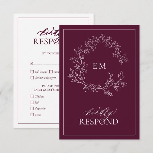 Moderne Burgundy Monogram Wedding RSVP Card Karte (Vorne/Hinten)