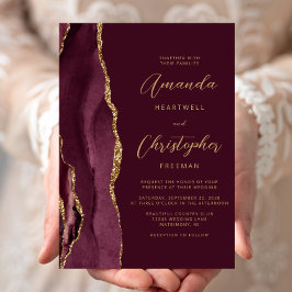 Moderne Burgundy Red Gold Agate Script Hochzeit Einladung