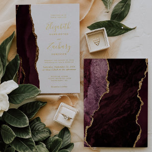 Moderne Burgundy Red Gold Agate Wedding Folieneinladung