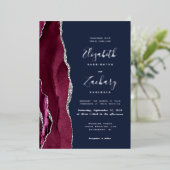 Moderne Burgundy Red Silver Agate Navy Blue Weddin Folieneinladung (Stehend vorne)