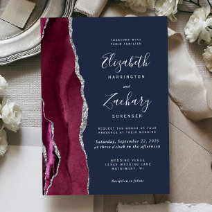 Moderne Burgundy Red Silver Agate Navy Blue Weddin Folieneinladung