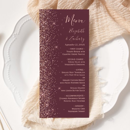 Moderne Burgundy Rose Gold Glitzer Edge Wedding Menükarte
