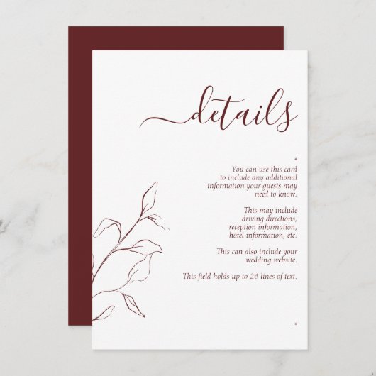Moderne Burgundy Script-Hochzeitdetails - Einschli Begleitkarte (Vorne/Hinten)