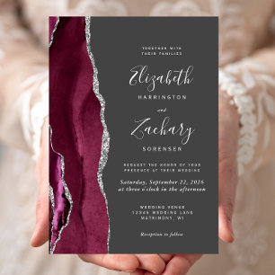 Moderne Burgundy Silver Agate Charcoal Gray Weddin Einladung