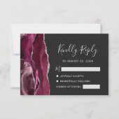 Moderne Burgundy Silver Agate Dark Wedding RSVP Karte (Vorderseite)