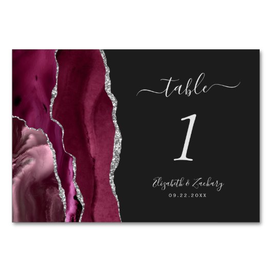 Moderne Burgundy Silver Agate Dark Wedding Tischnummer (Vorderseite)