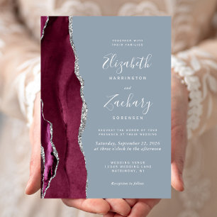 Moderne Burgundy Silver Agate Dusty Blue Wedding Einladung