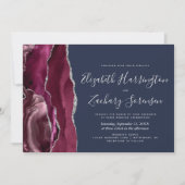 Moderne Burgundy Silver Agate Navy Blue Wedding Einladung (Vorderseite)