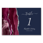 Moderne Burgundy Silver Agate Navy Blue Wedding Tischnummer (Vorderseite)