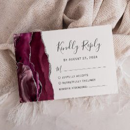 Moderne Burgundy Silver Agate Wedding RSVP Karte