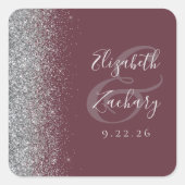 Moderne Burgundy Silver Glitzer Edge Wedding Quadratischer Aufkleber (Vorderseite)