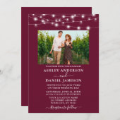 Moderne Burgundy String Lights Foto Wedding Einladung (Vorne/Hinten)
