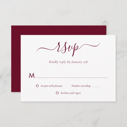 Moderne burgundy Wedding RSVP Cards (Vorne/Hinten)