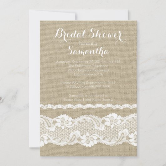 Moderne Burlap & Lace Bridal Dusche Einladung (Vorderseite)