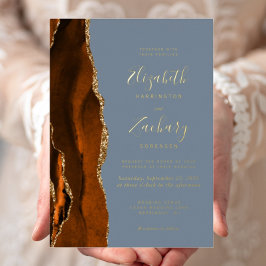 Moderne Burnt Orange Agate Dusty Blue Wedding Folieneinladung