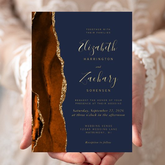 Moderne Burnt Orange Agate Navy Blue Wedding Folieneinladung